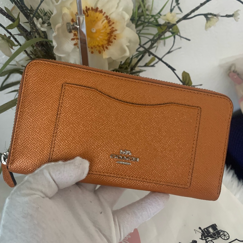 Coach Metallic Tangerine Accordion Zip Around Wallet